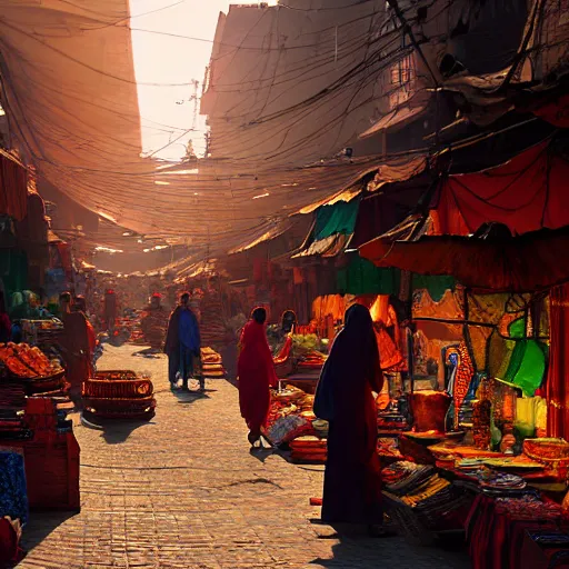 Prompt: bazaar in delhi. art by salman toor. global illumination, radiant light, detailed and intricate environment, atmospheric light, cinematic, trending on artstation