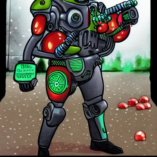 Prompt: a cyborg apple bounty hunter