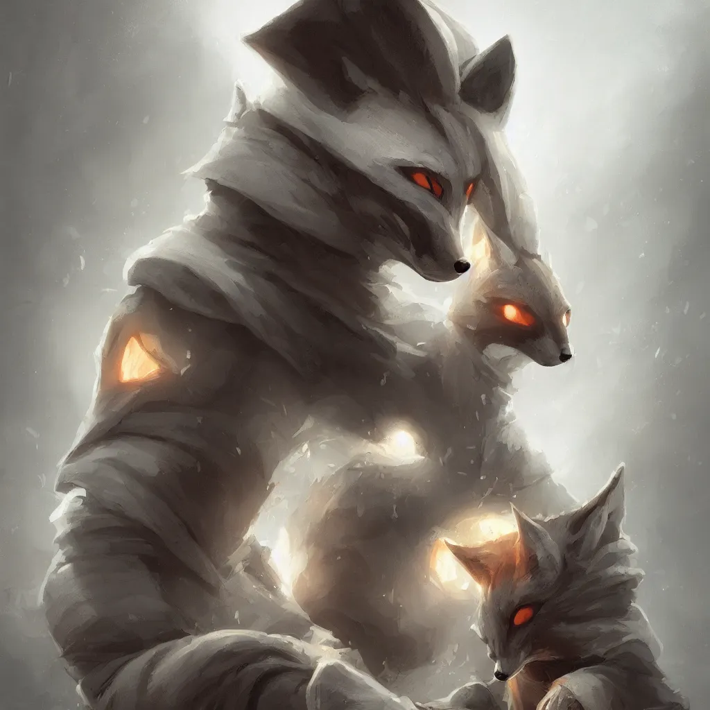 Image similar to an anthropomorphic fox wearing a hoodie and anonymous mask and sitting in front of a portable black computer, white background, concept art, digital painting, highly detailed, style by jordan grimmer and greg rutkowski, illustration