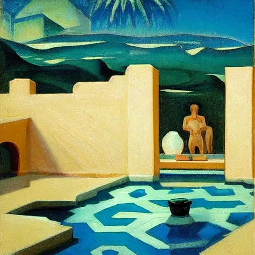 Image similar to a detailed oil painting of a harem pool with arabic patterns, by nicholas roerich, by frank frazetta!!!! by georgia o keeffe by frederick william elwell, by hans emmenegger, by eyvind earle highly detailed!!!, realistic, outline, line work, fantasy, oriental, stylised flat colors, animation
