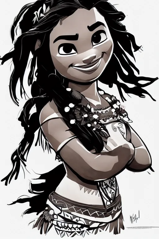 Prompt: moana illustrated by yoji shinkawa, ink, digital painting, highly detailed, trending on artstation, sharp focus, illustration, concept art, norman rockwell