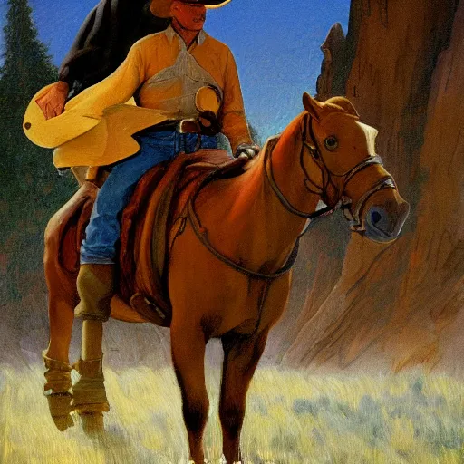 Image similar to a painting of a cowboy riding a theropod in the style of n. c. wyeth and in the style of james gurney.