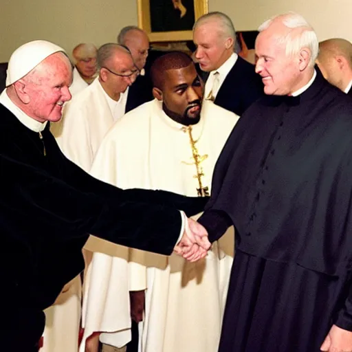 Image similar to photograph of john paul ii shaking hands with kanye west