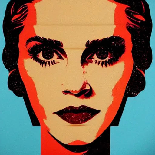 Prompt: stylized stencil portrait of emma watson ( colored red, beige, light blue, dark blue ) by shepard fairey, mannie garcia ( 2 0 0 8 )