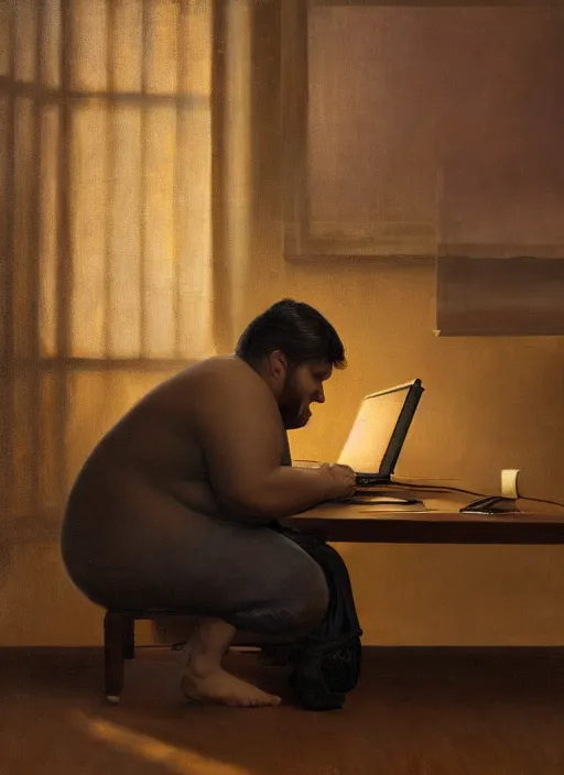 Image similar to insanely detailed chiaroscuro image of a exhausted - looking slightly overweight casually - dressed programmer guy on his knees facing his glowing ultrawide computer monitor monitor begging it for forgiveness, oil on canvas, masterwork, fine detail, trending on artstation, emotive, insanely compelling, ryden, koons, moebius