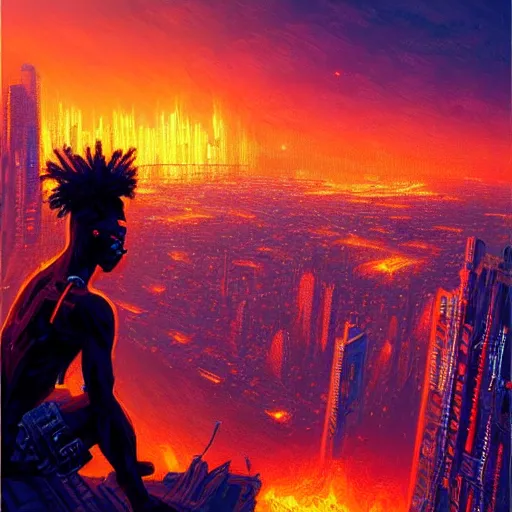 Image similar to a cyberpunk zulu warrior sitting on a cliff watching an enormous city burn!!! from a distance at night, fire!!, by alena aenami and android jones and greg rutkowski, Trending on artstation, hyperrealism, elegant, stylized, highly detailed digital art, 8k resolution, hd, global illumination, radiant light, detailed and intricate cyberpunk ghetto environment, rendered in octane, post processed, wide angle, dynamic portrait