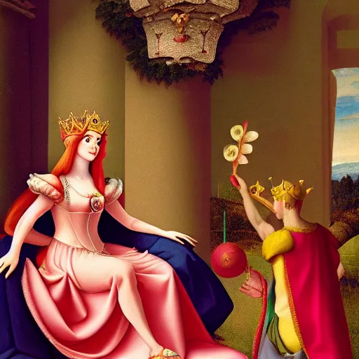 Image similar to young princess peach crowned empress of the mushroom kingdom, renaissance style, coronation, cinematic lighting, 1 6 th century,