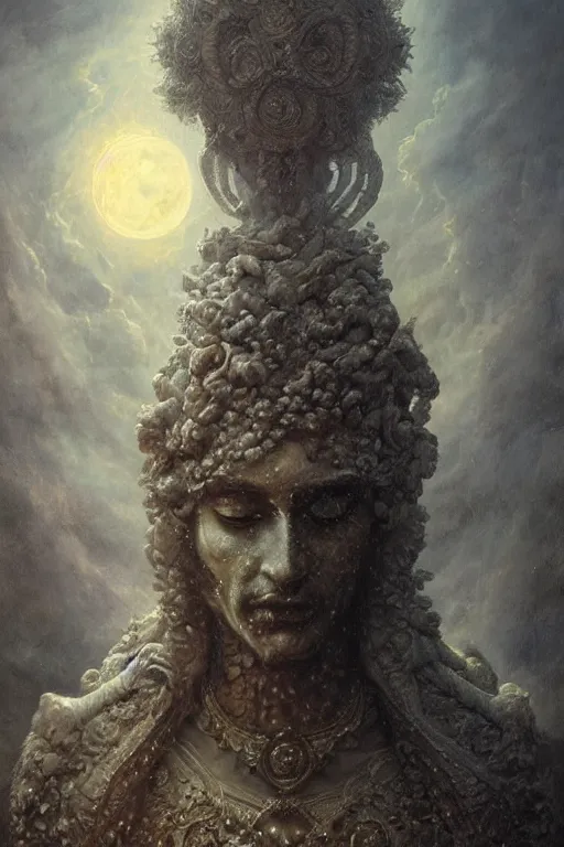 Image similar to Intricate stunning highly detailed deity by agostino arrivabene, Greg Rutkowski , surreal, digital painting, ultra realistic, Horror vacui, dramatic lighting, full moon, ravens, thick black swirling smoke tornado, burning fire embers, artstation