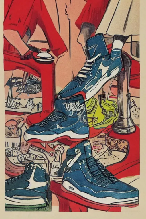 Image similar to Jordan shoes in the style of a 50s by Frank Hampson and mcbess, 1950s