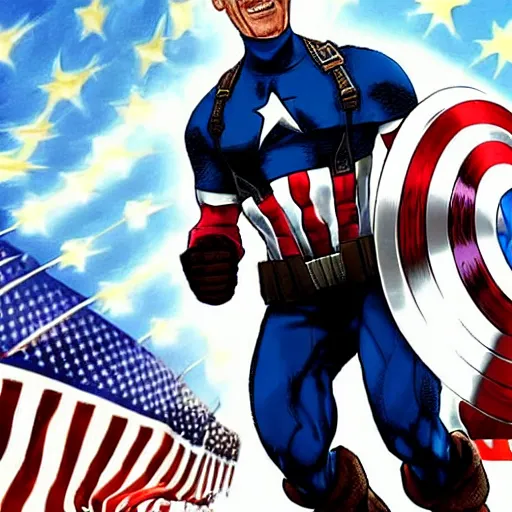 Image similar to joe Biden as captain America, highly detailed, photorealistic, award winning cinematic