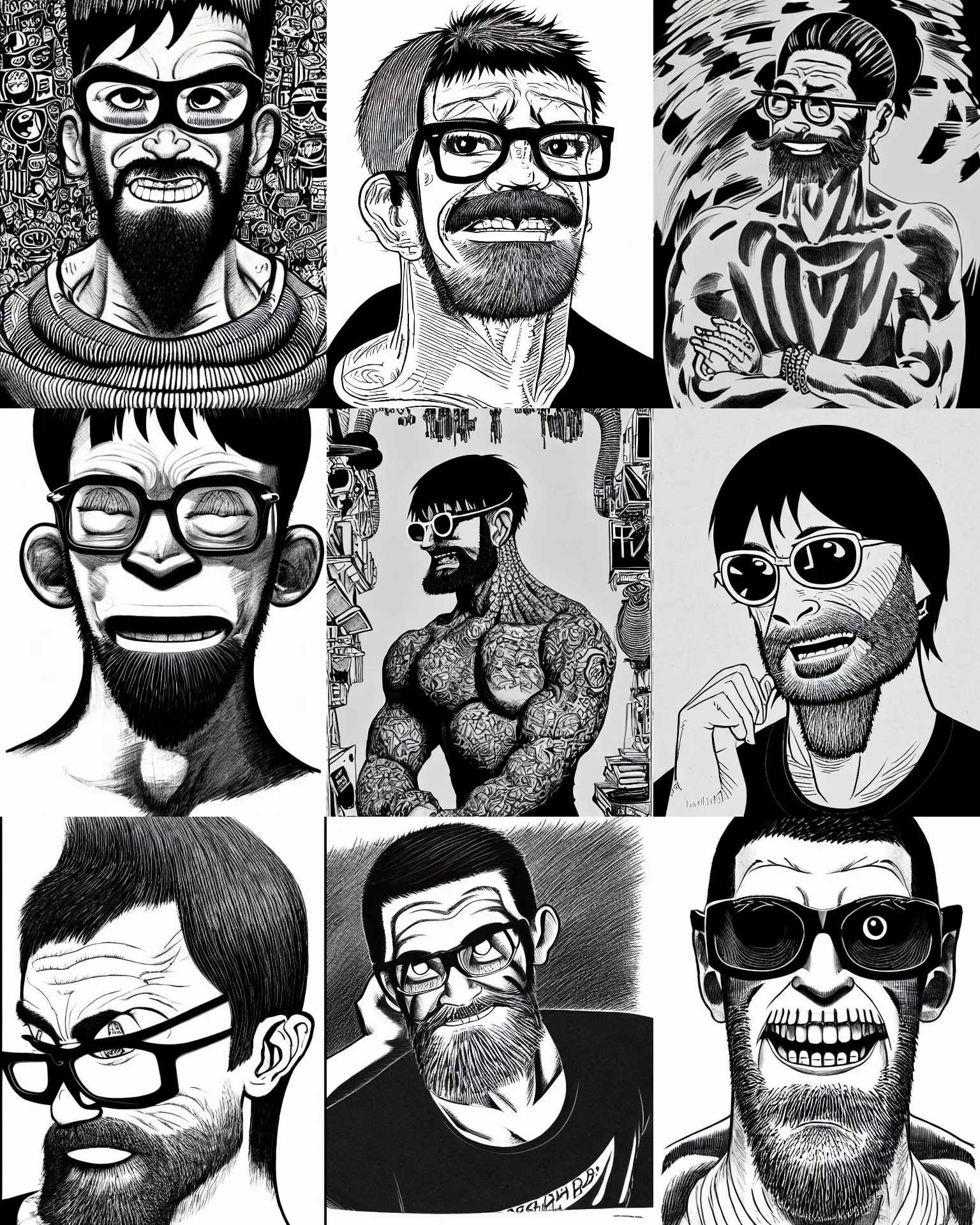 Prompt: highly detailed ink illustration of a buff smiling man with long stubble, muscular neck, big square glasses and a black bowl cut, wearing a black tshirt, b & w clean shaped illustration by kim jung gi, ron english, jamie hewlett and eiichiro oda