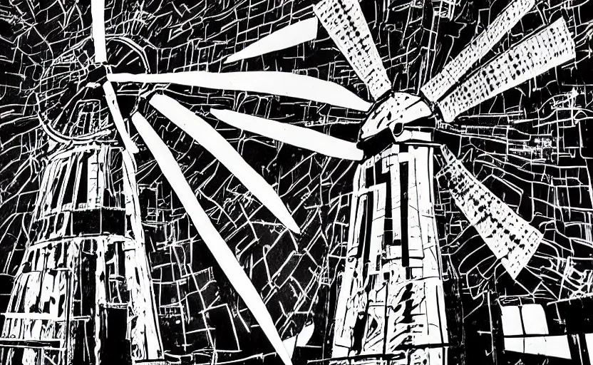 Image similar to mural of dutch windmill, black and white paint, stencil art, abstract, cyberpunk, painted on a giant wall