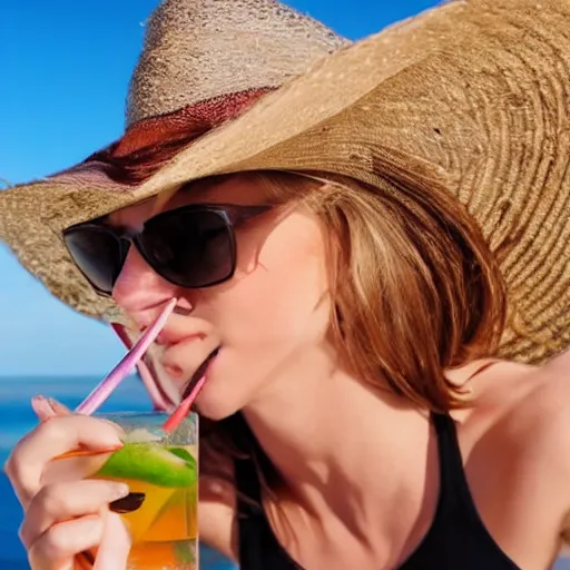 Prompt: photo of a beautiful woman drinking cocktails on the beach