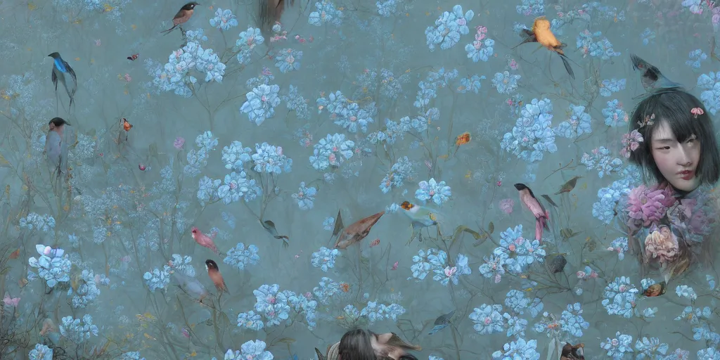 Image similar to breathtaking detailed concept art painting pattern of faces goddesses of light blue flowers with anxious piercing eyes and blend of flowers and birds, by hsiao - ron cheng and john james audubon, bizarre compositions, exquisite detail, extremely moody lighting, 8 k