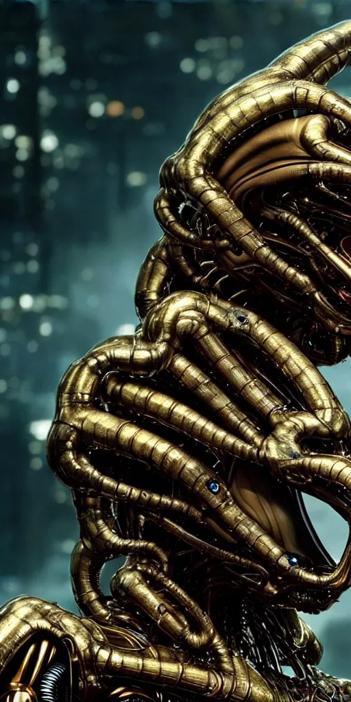 Image similar to star base, legendary dragon, iris van herpen, beautiful woman, perfect body, full body shot, helmet on face, inflateble shapes, masterpiece, guyver, giger, biomechanical details, denis villeneuve, movie still, cinestill, bokeh, artstation