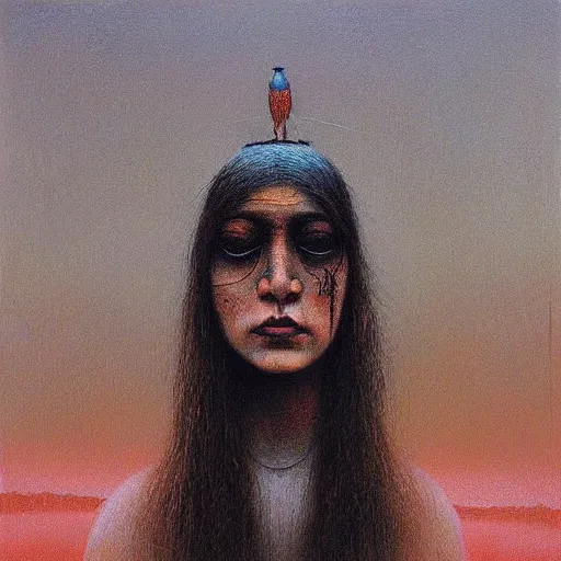 Image similar to young teen female with crow head , painting by Beksinski