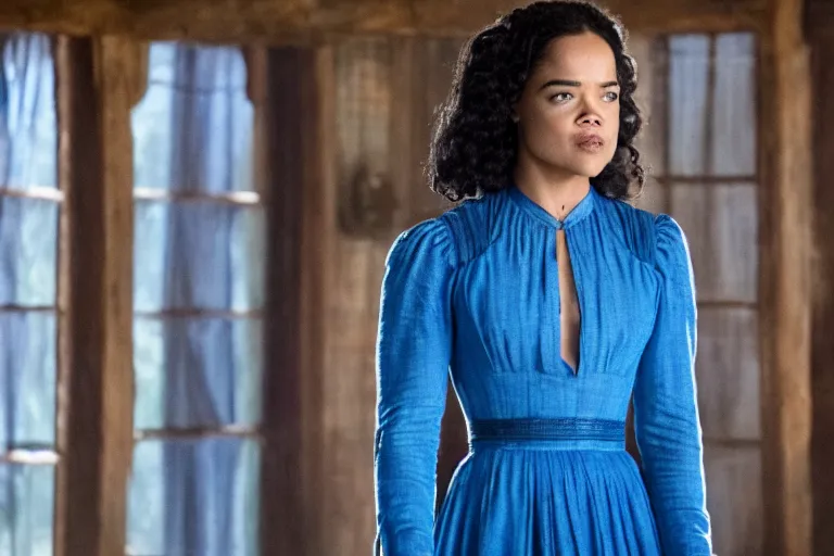 Prompt: 4 k still of tessa thompson wearing a blue dress on an old west plantation in westworld, detailed, photorealistic