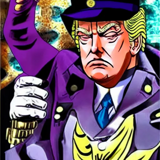 Image similar to Donald trump as jotaro kujo in jojo’s bizarre adventure, his stand is Obama as Star platinum, manga page