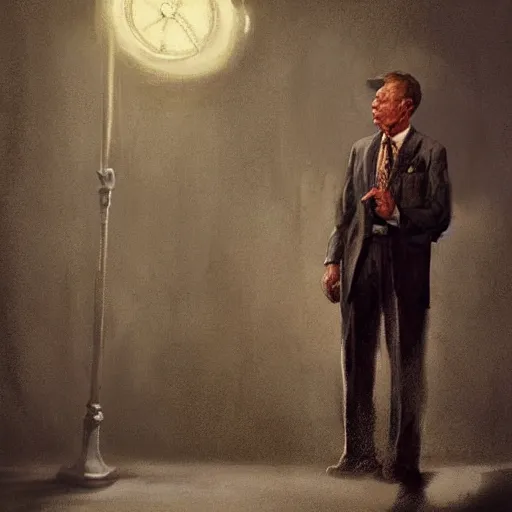 Image similar to a highly detailed epic cinematic concept art CG render digital painting artwork costume design: Frank Sinatra as a 1950s tired disillusioned poet, barefoot, thinking. volumetric lighting. By Greg Rutkowski, in the style of Francis Bacon and Syd Mead and Norman Rockwell and Beksinski, great attention to proper perfect anatomy, highly detailed, painted by Francis Bacon and Edward Hopper, painted by James Gilleard, surrealism, airbrush, Ilya Kuvshinov, WLOP, Stanley Artgerm, very coherent, triadic color scheme, realistic facial expression, art by Takato Yamamoto and James Jean