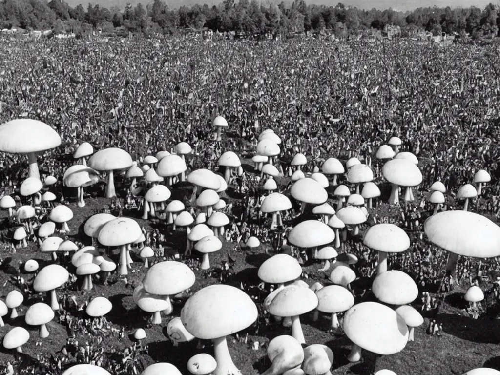 Prompt: 70s photo of giant mushrooms at trippy psychedelic hippy festival Woodstock stage show