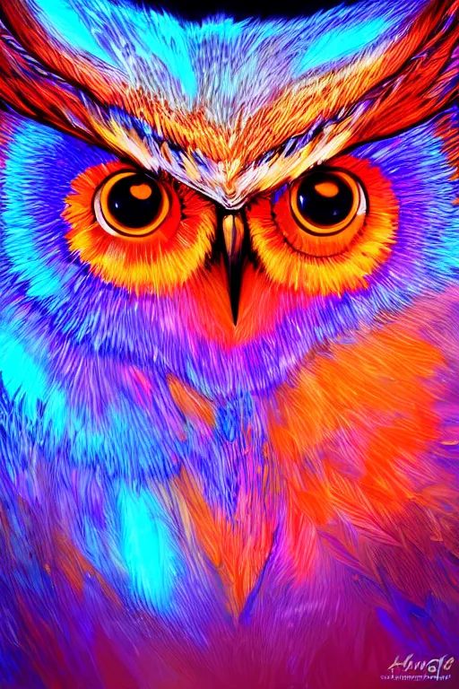 Prompt: glowing owl, blue and orange colours, highly detailed, digital art, sharp focus, trending on art station