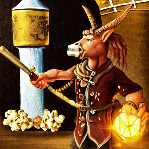Prompt: a fantasy painting of a minotaur pirate captain with his popcorn machine and book of spells