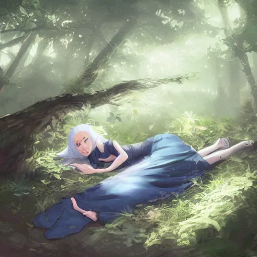 Prompt: girl sorcerer with white hair in a hairbun, wearing a black tshirt, and wearing blue jean. she is laying down sleeping, in a forest landscape. digital art, environment concept art, by rossdraws, ghibli, art by greg rutkowski