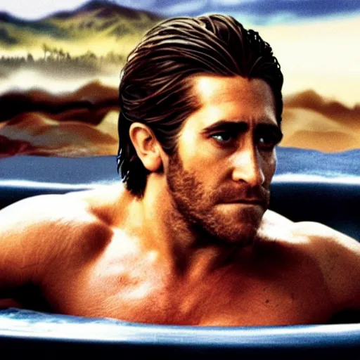 Image similar to a movie poster of Jake Gyllenhaal as patrick Swayze sitting in a hot tub in the movie Road House