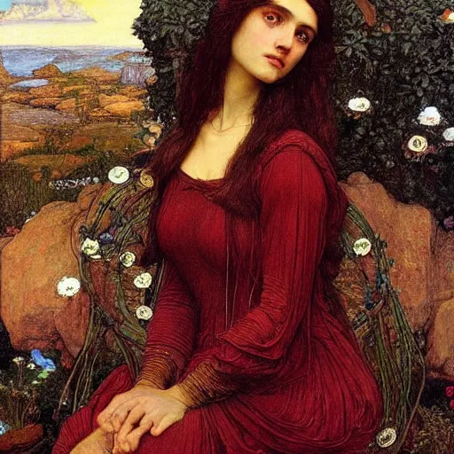 Prompt: Symmetric Pre-Raphaelite painting of a beautiful woman with dark hair in a dark red dress, sitting on a throne of rocks, surrounded by a halo of flowers and highly detailed neural networks and highly detailed geometric drawings and highly detailed mathematical drawings, by John William Waterhouse, Pre-Raphaelite painting