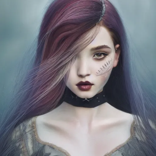 Prompt: tom bagshaw, very beautiful genetic mix of dove cameron madison beer bella poarch in a goddess dress, randomly lustrous colored hair, thin gothic makeup, professionally retouched, focus eyes, ultra realistic soft painting, insanely detailed linework, symmetrical accurate intricate features, behance artstation, 8 k