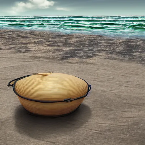 Image similar to two oblong woks on a beach, photorealistic, 8k