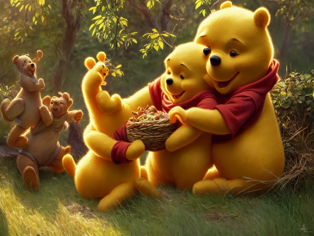 Image similar to winnie the pooh and xi jingping, cute and cuddly, highly detailed, photorealistic, octane render, 8 k, unreal engine. art by artgerm and greg rutkowski and alphonse mucha