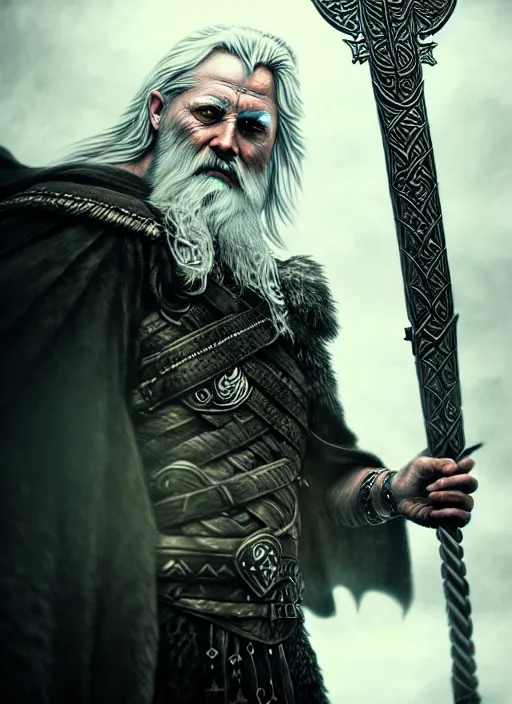 Image similar to odin, the allfather, illustration, high quality, details, intricate, atmosphere, highly detailed, matte painting, cinematic, deviantart, realistic, photorealistic, concept art