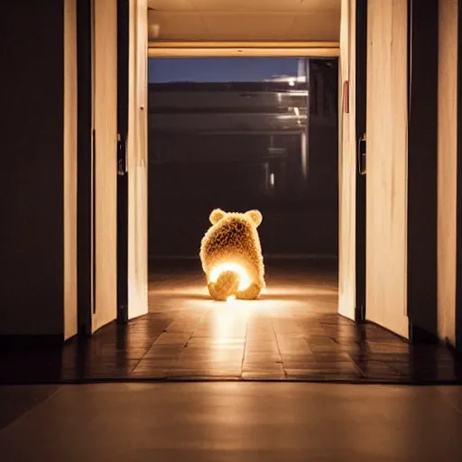 Image similar to photograph of a small bear mascot with a spotlight on him walking through a large doorway