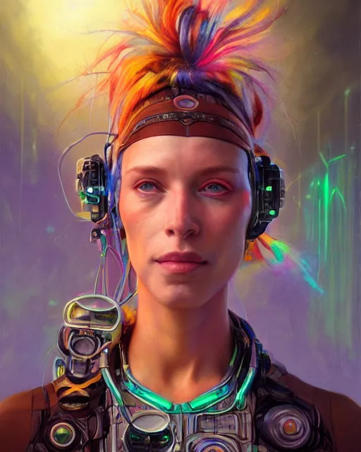 Prompt: a futuristic hippie wearing tie - dye and cybernetic - implants | cyberpunk art | highly detailed | very intricate | symmetrical | cinematic lighting | award - winning | closeup portrait | painted by donato giancola and mandy jurgens and rossdraws and rhads | featured on artstation