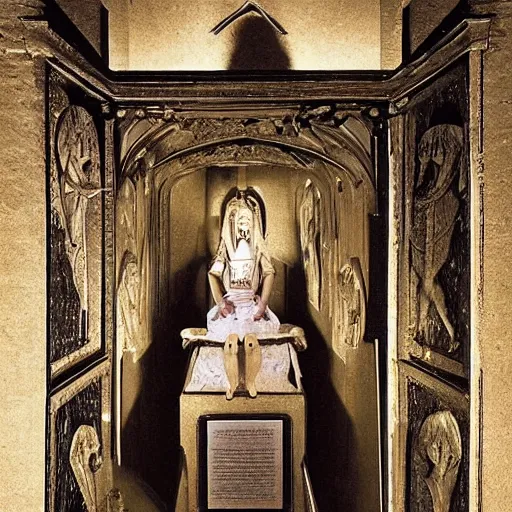 Prompt: The royal family's crypt is a place where they keep the remains of past kings and queens. Each individual is entombed in a solid diamond, and they have their own room with a tableau. Their bodies are visible and without decay. The image shows up close and in detail a young princess named Alexia who was assassinated. She is entombed standing and holding a tray. On the tray is the head of the person who assassinated her. She was shot by an arrow and the arrow is can still be seen embedded in her body. The tombs are lit from below.-n 6