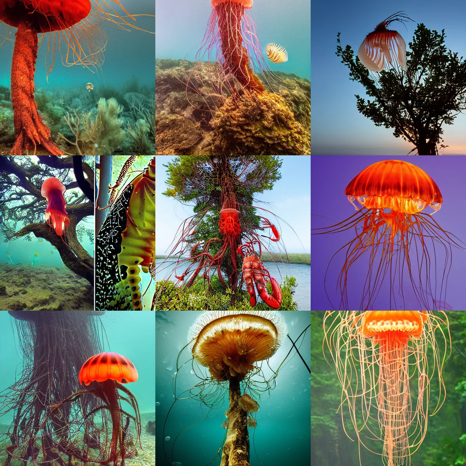 Prompt: a lobster-jellyfish-tree, wildlife photography