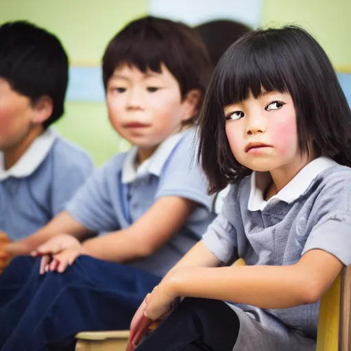 Prompt: Close-up portrait of a japanese child sitting in a school classroom, surrounded by other children. The child has a big friendly rat on its shoulder. Fine art photography