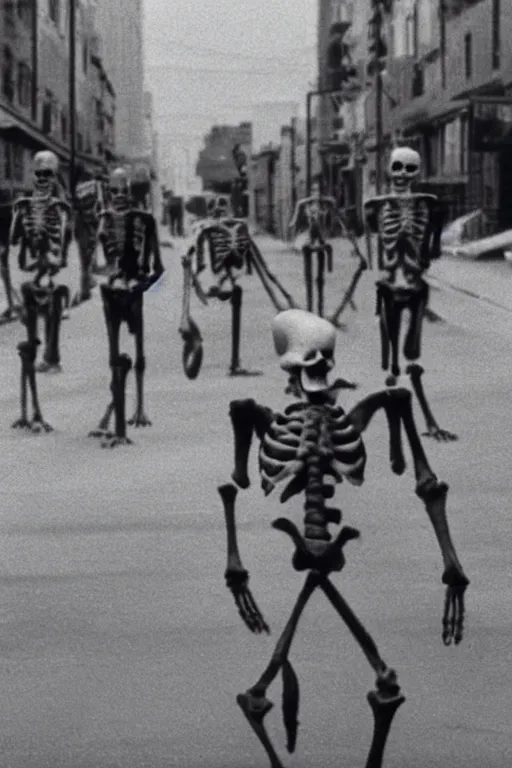 Image similar to still from vhs! footage of skeleton nerve!! cryptid! walking down street