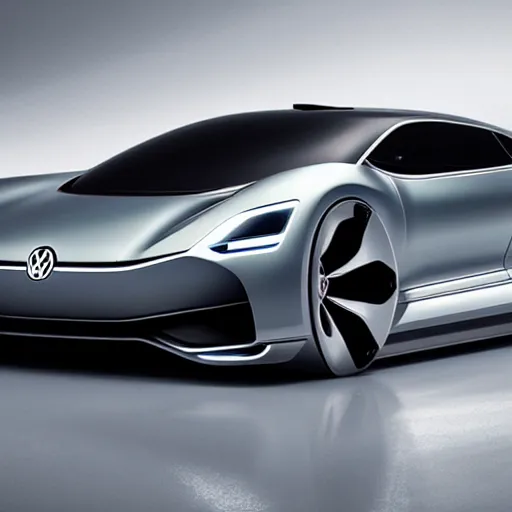 Prompt: a concept volkswagen vision gran turismo ID.R silver supercar inside a dark showroom with studio spotlights reflecting on the bodywork