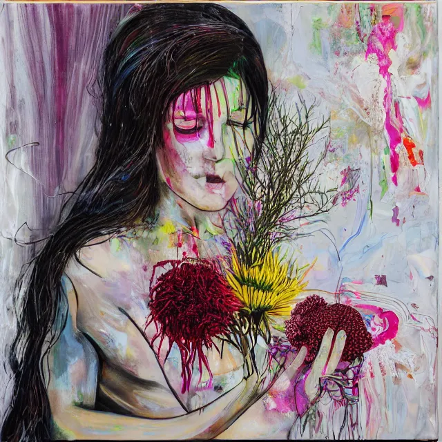 Prompt: “ a portrait in a female art student ’ s apartment, australian wildflowers, sensual, queer woman, flax, flannel flower, bottlebrush, eucalyptus, art supplies, a candle dripping white wax, clay, squashed berries, berry juice drips, acrylic and spray paint and oilstick on canvas, surrealism, neoexpressionism ”