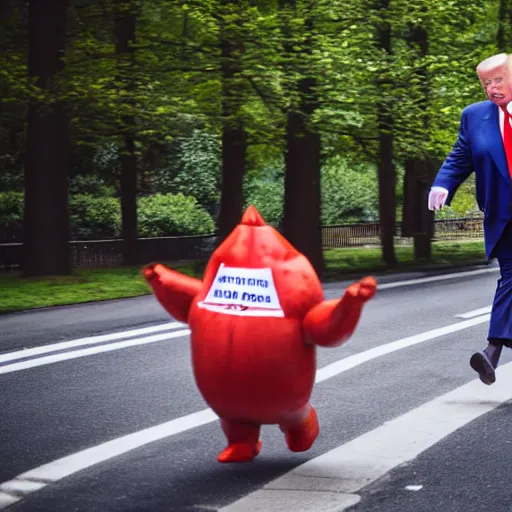 Image similar to Donald Trump being chased by a sentient humanoid sausage, Canon EOS R3, f/1.4, ISO 200, 1/160s, 8K, RAW, unedited, symmetrical balance, in-frame
