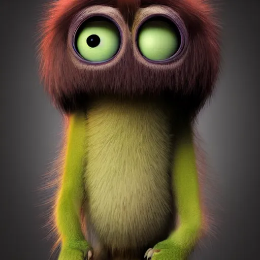 Image similar to a cute little monster with very long fur, portrait, pixar style, forest background, cinematic lighting, award winning creature portrait photography