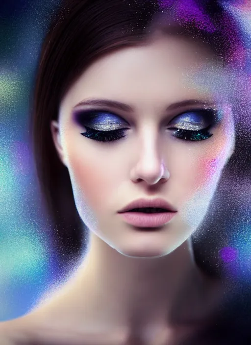 Image similar to a young Russian woman with brunette looking at the camera while in a swirling alternate reality. close-up of face with smokey eyeshadow. soft detailed painting at 16K resolution and amazingly epic visuals. epically beautiful image. amazing effect, image looks gorgeously crisp as far as it's visual fidelity goes, absolutely outstanding. vivid clarity. ultra detail. iridescent. mind-breaking. mega-beautiful pencil shadowing. beautiful face. Ultra High Definition. soft shading. soft texture. intensely beautiful.