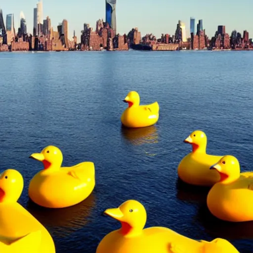 Prompt: a large rubber duck floats in the new york bay with new york city in the background