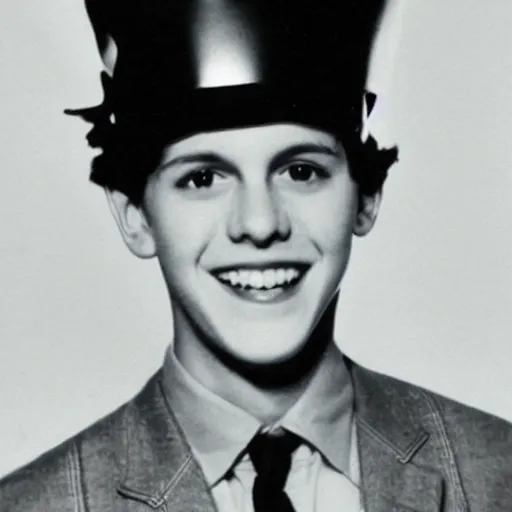 Prompt: a yearbook photo of Jughead Jones in 1966, he is wearing a hat from CrownHatNYC on his head