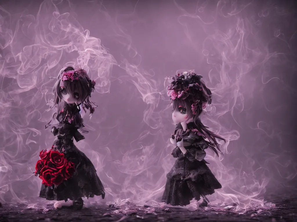 Image similar to cute fumo plush of a gothic maiden girl clutching lots of decayed roses, stale twilight, swirling vortices of emissive smoke and volumetric fog over the river, bokeh, vignette, vray