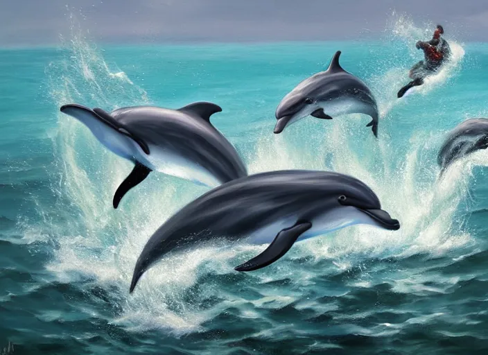 Image similar to dolphin swimming, oil painting by jama jurabaev, extremely detailed, brush hard, artstation, for aaa game, high quality, brush stroke