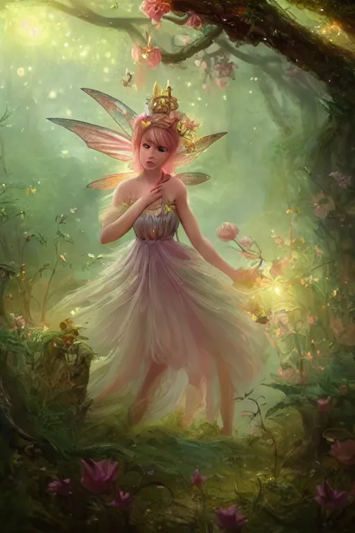 Image similar to a cute fairy in the dreamy forest, fantasy, dreamlike, 8 k resolution, hyper detailed, d & d, character design, digital painting, trending on artstation, sharp focus, illustration, art by viktoria gavrilenko, hoang lap, fuji choko, steve zheng