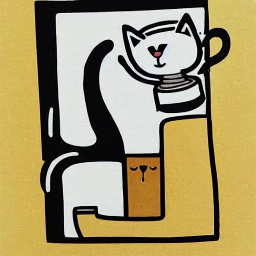 Prompt: a cute cat is drinking coffee. modern printmaking